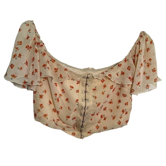 Fanco Off Shoulder Crop Top Cream Orange Floral - Picture 1 of 11